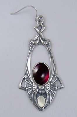 Sterling Silver Dramatic Art Deco Drop Dangle Earrings With Garnet And White Moonstone